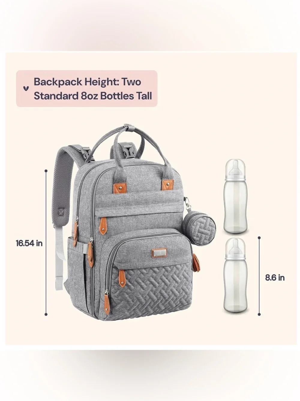 NWT - BabbleRoo - Gray Quilted Baby Diaper Backpack with Tan Accent Trim